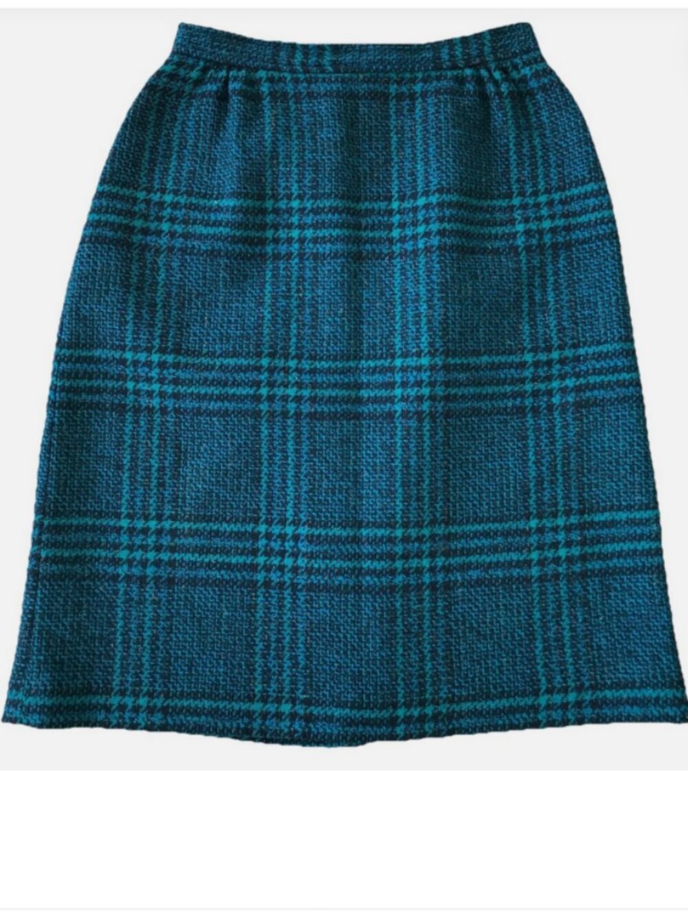Vintage Teal Wool Tweed Plaid Knee Length Pencil Skirt Tall Girl Brand 26" Waist